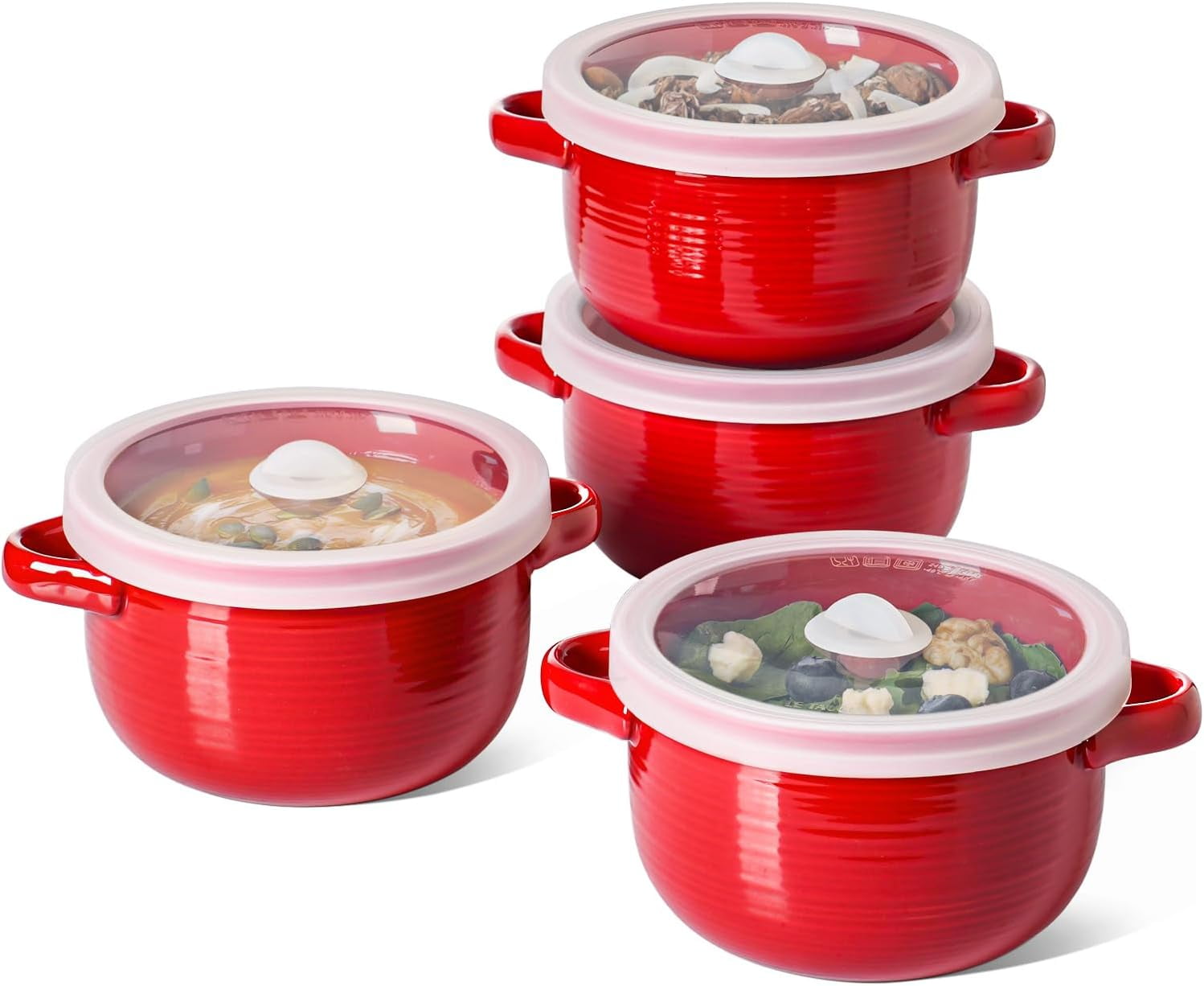 Soup Bowls with Handles and Silicone Lids, 28 oz Ceramic French Onion