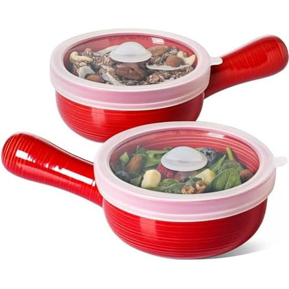 Soup Bowls with Silicone Lids and Handles, 15 Oz French Onion Soup Bowls, Non-Toxic Ceramic Soup Crocks for Noodles, Stew, Cereal and Chilli, Oven Microwave Dishwasher Safe, Set of 2, Red