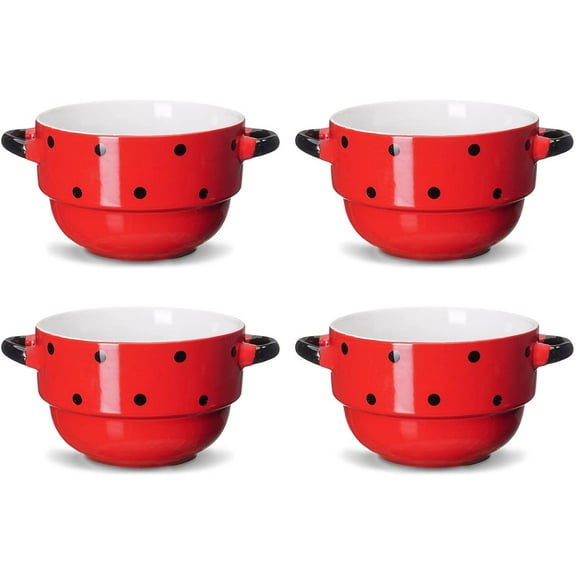 Ecodeco 16 oz Ceramic Soup Bowls with Handles - Stackable - Red Polka Dot - Set of 4