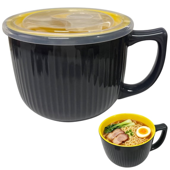 30 oz / 900 ml Ceramic Soup Bowl, Large Bowl with Handle and Vented Lid, Microwave Safe Food Storage Container for Ramen, Noodle, Cereal, Fruit, Salad