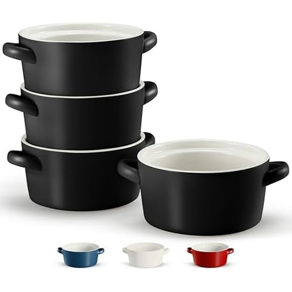 Soup Crocks, Ceramic Stackable Bowls, Broil, Oven, Microwave and Dishwasher Safe, with Handles, For Casserole, Pasta, Cereal, Capacity 18 oz, Set of 4, (Matte Black)
