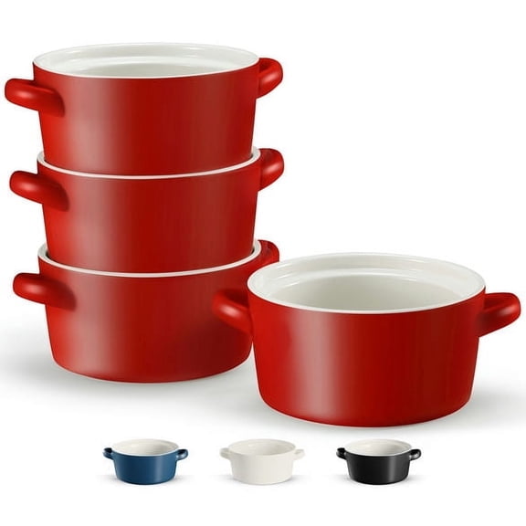 Soup Crocks, Ceramic Stackable Bowls, Set of 4, Red