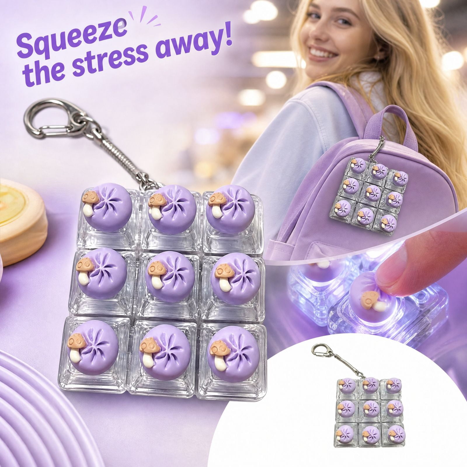 Fidget Button Key Chain Soup Dumpling Keychain Stress Relief Fidget Toy with Light for Backpack ...