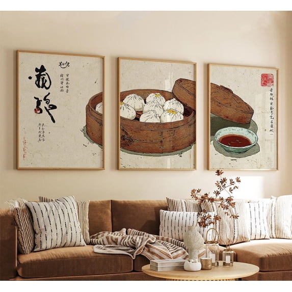 Soup Dumpling Print Vintage Chinese Food Illustration Kitchen Art Set 3 Stretched Canvas 12x18