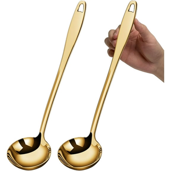 Soup Ladle, 2Pcs Stainless Steel Ladle spoon, 12.2Inch Metal Long Handle Serving Spoon for Cooking Buffet, Party, Kitchen, Gold