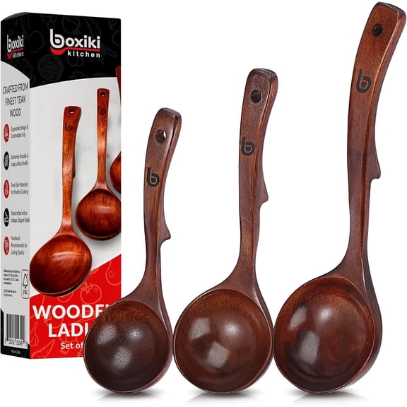 Soup Ladle - Luxury Teak Wood Ladle Set of 3 Chef-Grade, Eco-Friendly Wooden Cooking Utensils with Reinforced Neck Joint & Anti-Slip Notch Handle Multi-Size, Gift-Ready Ladle Spoons Set