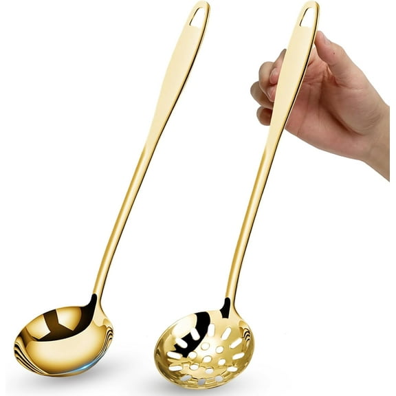Soup Ladle Slotted Spoon Set, 304 Stainless Steel 12.2Inch Metal Ladle, Extra Large Soup Spoon with Long Handle for Serving, Cooking, Stirring, Serving Soups, Gold