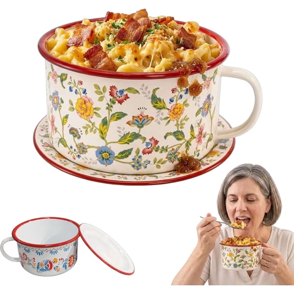 Soup Mug with Plate Lid, Lightweight Enamel Noodle Bowl with Lid and Handle, 40 oz Large Wide Soup Mug with Red Trim, Vintage Floral for Ramen Oatmeal Salad Pasta Camping1Pcs