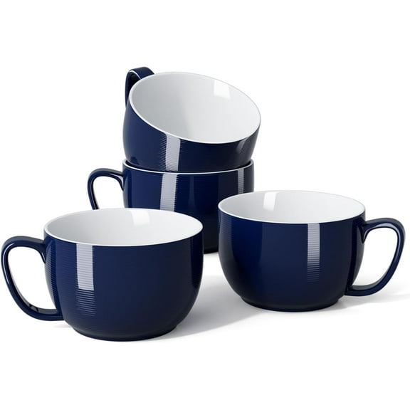 Soup Mugs with Handles, Coffee Mugs Set of 4, Large Soup Cups - Striped Design - 24 Ounce Porcelain Jumbo Mugs Bowls for Coffee, Oatmeal, Hot Cocoa, Cereal