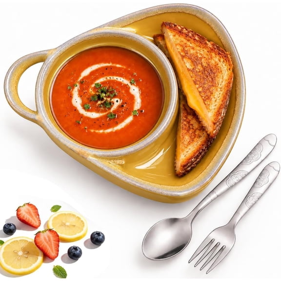 Soup and Sandwich Bowl,2026 New Soup Bowl with Side Compartment,Yellow | 2-In-1 Soup and Sandwich Bowls Plate Combo for Serving Soup,Sandwiches,Toast,and Snacks