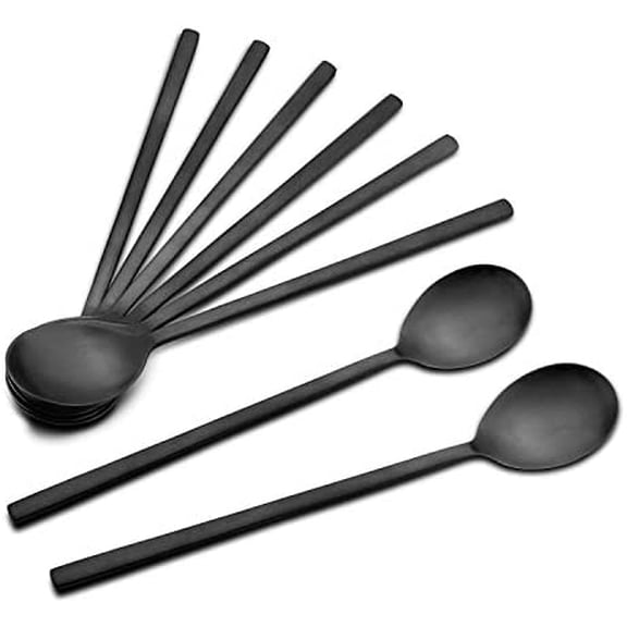 Soup Spoon, Korean Spoons, 8 Pieces Stainless Steel Asian Soup Spoon,8.5 Inch Long Handle Korean Dinner Ramen Spoons for Home Kitchen or Restaurant (Black)