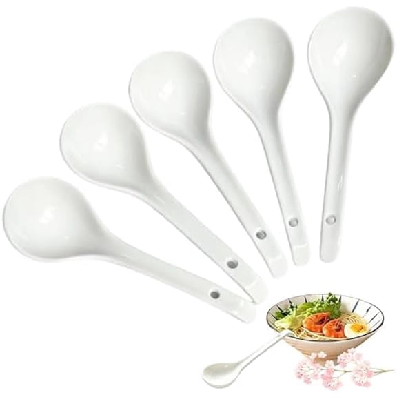 Soup Spoons,6.3"Ceramic Asian Soup Spoons, White Japanese Spoon Large for Ramen Pho Wonton Dumpling Miso,Hook Design, Set of 5