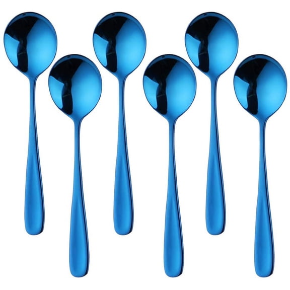 Soup Spoons Set of 6, 7-Inch Bouillon Spoon,18/10 Stainless Steel Finished Table Dinner Spoons (Blue)