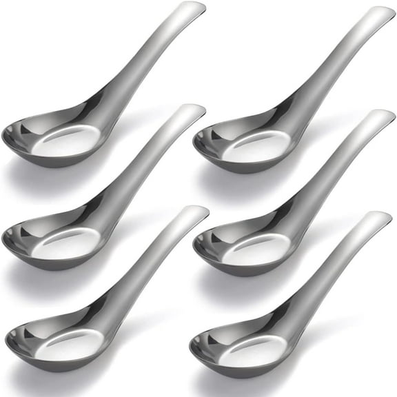 Soup Spoons Set of 6 Stainless Steel Dinner Spoons Mirror Polished Soup Spoons, Asian Soup Spoons for Bouillon Dessert Cereal Thai Miso Ramen
