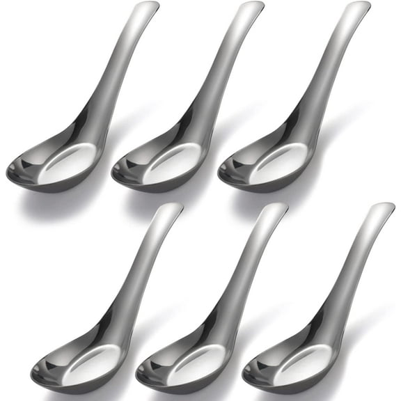 Soup Spoons Stainless Steel Dinner Spoons Set of 6 Chinese Soup Spoon Mirror Polished Asian Soup Spoons for Bouillon Dessert Cereal Thai Miso Ramen (Medium, 6)