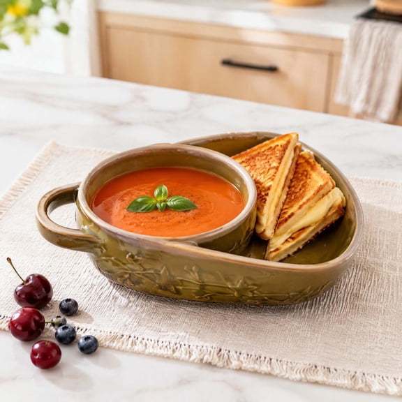 Soup and Sandwich Bowl, 2 in 1 Split Ceramic Soup Bowls with Handle, Microwave Dishwasher Safe Serving Bowl