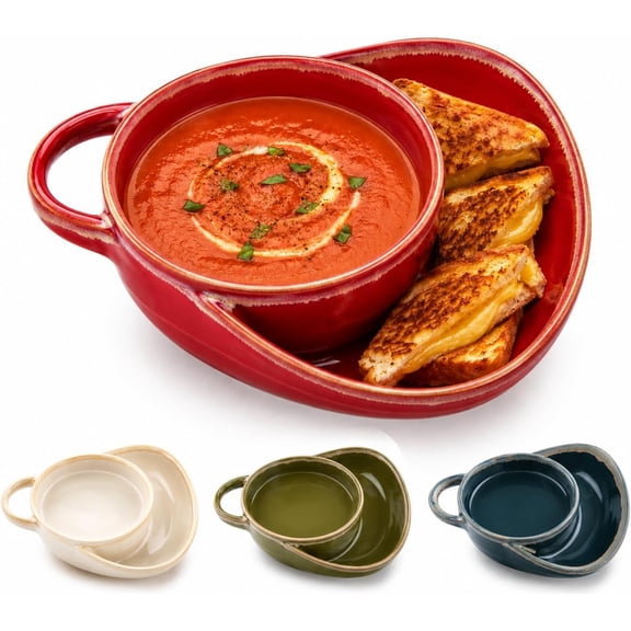 Soup and Sandwich Bowl, Ceramic Divided Plate with Handle Red