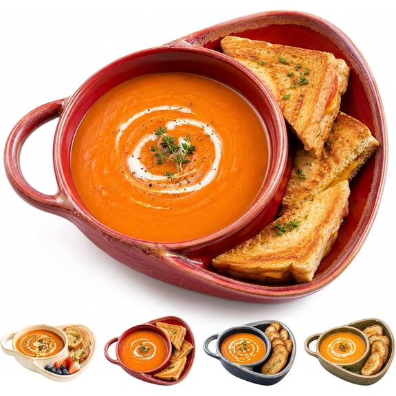 Soup and Sandwich Bowl, New Soup and Sandwich Plate Combo, Soups and Bread Bowl Combo for Breakfast Cookies Bread Salad Fruits