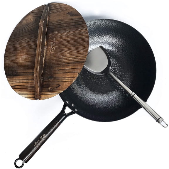 Carbon Steel Wok For Electric, Induction and Gas Stoves (Lid, Spatula and User Guide Video Included)