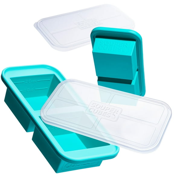 Souper Cubes 2 Cup Freezing Trays with Lid, Silicone Soup Freezer Molds for Freezing Broth, Pasta, Leftovers and More, 2-Pack - Aqua