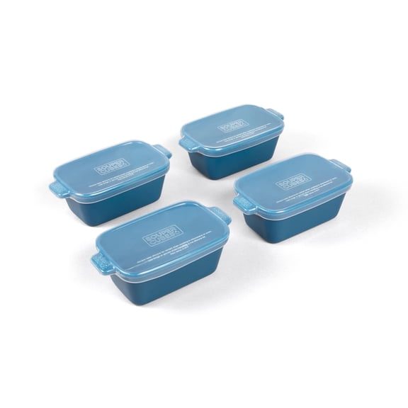 Souper Cubes Stoneware - Small Ceramic 5" x 3" Baking Dish with Silicone Covers, Small Baking Dishes for Oven Perfect for Reheating Single Serve Portions, Set of 4 - Blueberry Y101
