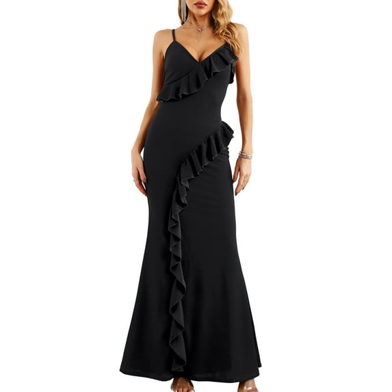 SouqFone V Neck Maxi Dress for Women Sleeveless Ruffled Prom Dress-M,Black