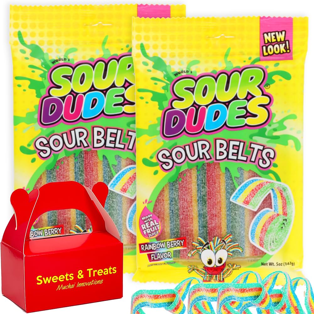 Sour Belt Candy | Made w/ Real Fruit Rainbow Delicoius Chewy Tape Candy | Great For Birthday Gift Movie Night Snack Travel Camping Holiday Kids Summer Treat (2 Bags Plus Muchai Card Box)
