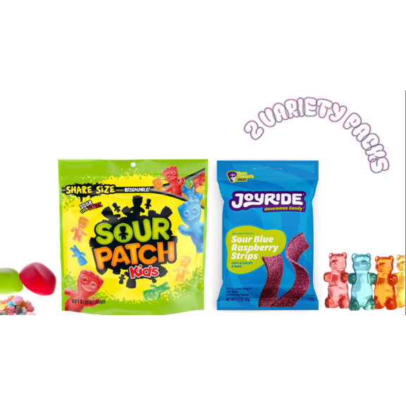 Sour Candy Variety Pack, JOYRIDE Blue Raspberry Gummy Strips 3.5 oz & SOUR PATCH KIDS Soft & Chewy Candy 12 oz  2-Pack