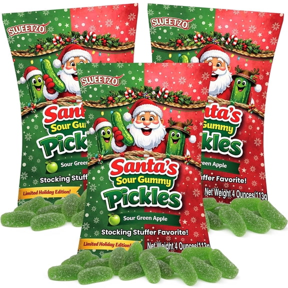 Sour Christmas Pickle Gummies, Funny Stocking Stuffers, Green Apple Flavored, 4 Ounce Bags, 3 Pack