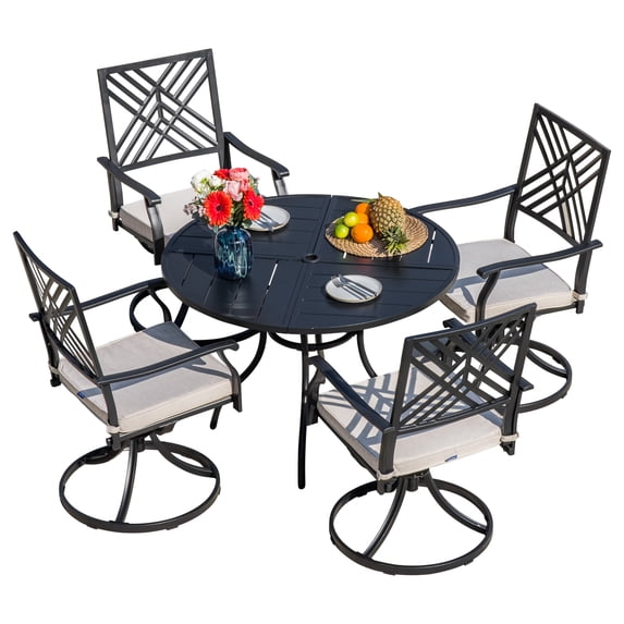 Sour Citrus 5-Piece Patio Dining Set with Cushions, Textilene Powder-Coated Chairs and Table with Umbrella Hole for Garden, Backyard
