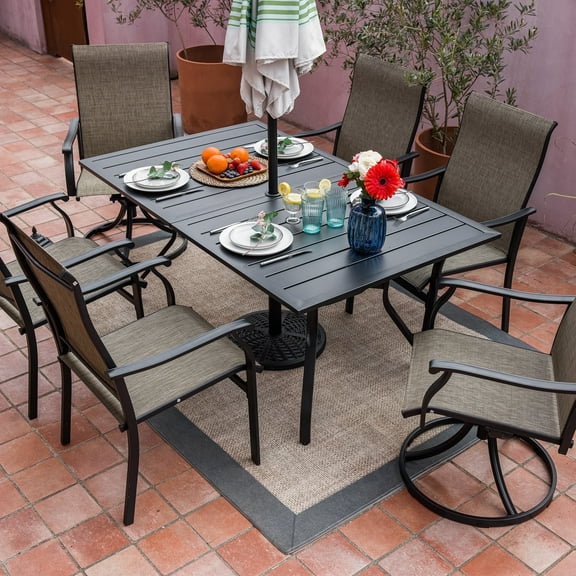 Sour Citrus 7-Piece Swivel Patio Dining Set Textilene Fabric Powder-Coated Iron Outdoor Chairs and Table Set with Umbrella Hole for Garden, Backyard, Poolside