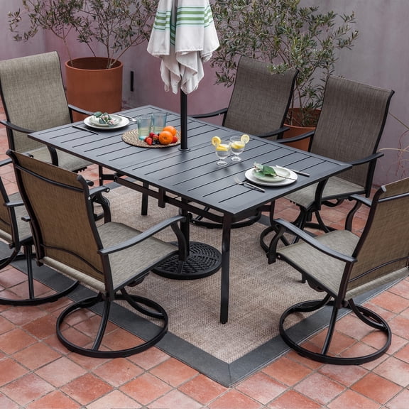 Sour Citrus 7-Piece Swivel Patio Dining Set Textilene Fabric Powder-Coated Iron Outdoor Chairs and Table Set with Umbrella Hole for Garden, Backyard, Poolside