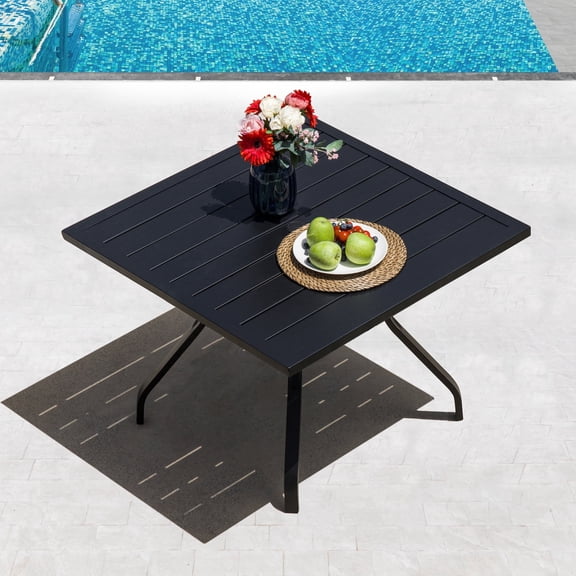 Sour Citrus Outdoor Dining Table with Umbrella Hole Weather-Resistant Square Patio Furniture Table for Garden Backyard and Deck Black