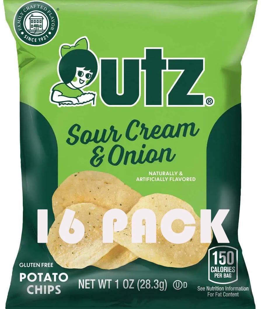 Sour Cream & Onion Utz: Potato Chips Snack Bags 🧂🥔 1.5 oz Each (Pack of 16) | Creamy & Savory Flavor | Fresh & Crunchy | Gluten Free Snack | SUPERDEALS Value Bundle 🎁 + Mystery Gift