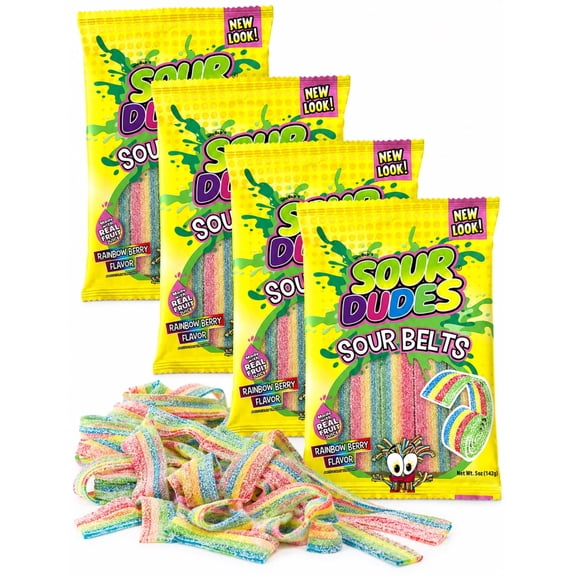 Sour Dudes Sour Belts Rainbow Berry Flavor Chewy Candy with Real Fruit Juice, 4-Pack, 5 oz