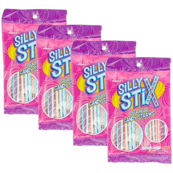 Sour Filled Candy Straws 2.75oz Tropical Punch Orange Cherry Grape Flavor for Easter Spring Holiday Birthday Party Favor Basket Stuffers Sweet Snack Treats Goodie Bag Fillers Gift Supplies, 4 Pack