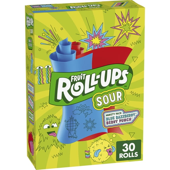 Sour Flavored Snacks Blue Razzberry Berry Punch Fruit Roll-Ups 15 Oz 30 Count