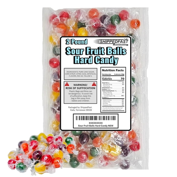Sour Fruit Balls Hard Candy. (2 Pound Package) Assorted Flavors (Cherry, Orange, Grape, Lemon, Lime). Individually Wrapped.