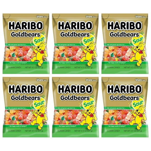 Sour Goldbears Pack 6 (4.5oz Bags) Gummi Candy Peg Bag for Movie Nights, , Easter, and More in a Bulk Bag