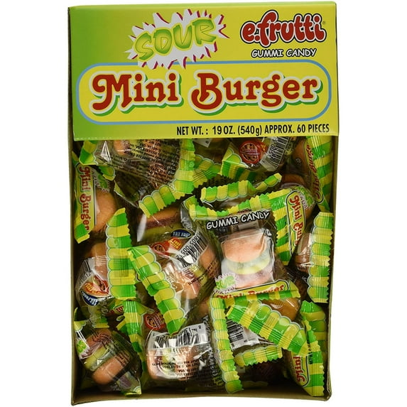 Sour Gummy Burger - Mini Gummi Hamburger 60 pieces, Each order has 60 individually wrapped gummi sour burgers By Brand EFruitti
