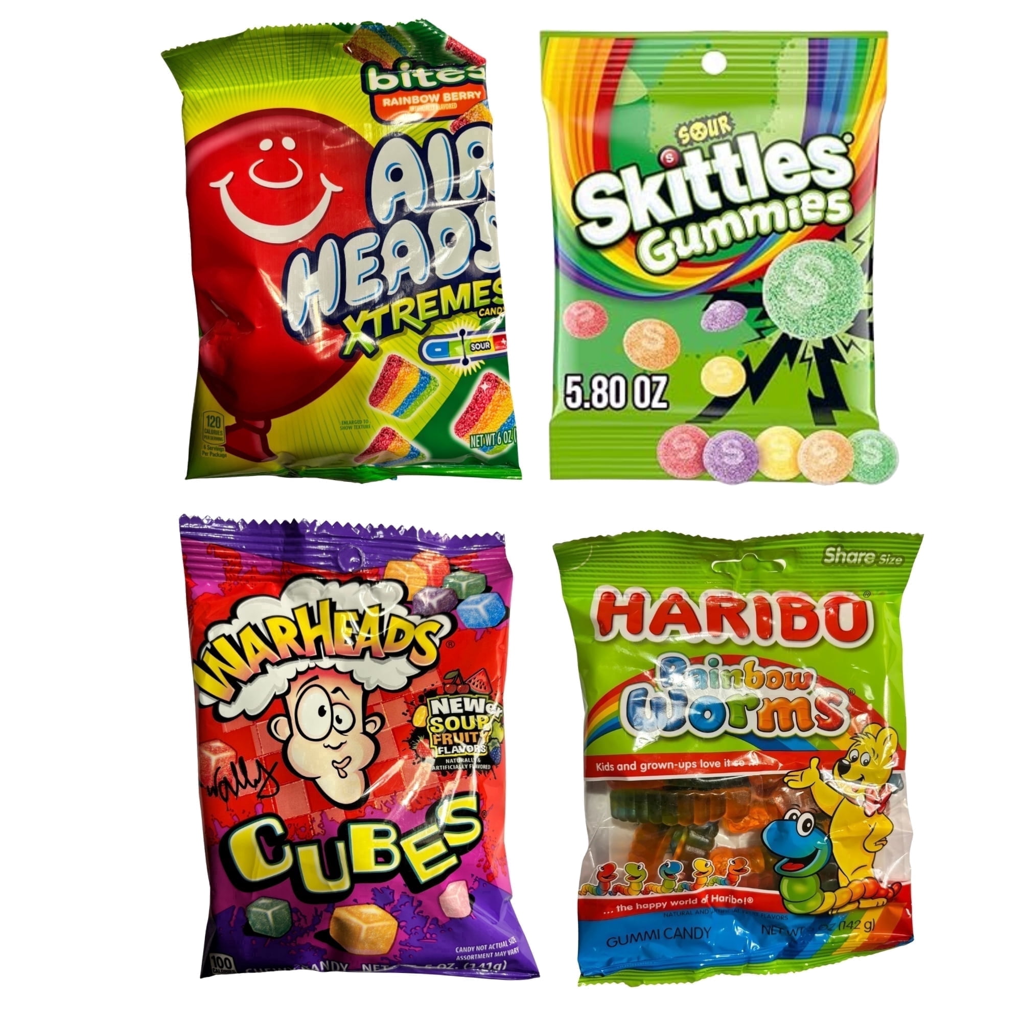 Sour & Gummy  Candy Variety Pack, 4 Bags (21.8 oz Total) - Airheads Xtremes, Skittles Sour Gummies, Warheads Cubes & Haribo Gummies, Chewy Candy Mix