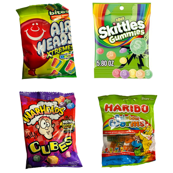 Sour & Gummy Candy Variety Pack  Airheads Xtremes Rainbow Berry, Skittles Sour Gummies, Warheads Fruity Cubes & Haribo Gummy Worms, 4 Bags (21.8 oz Total)