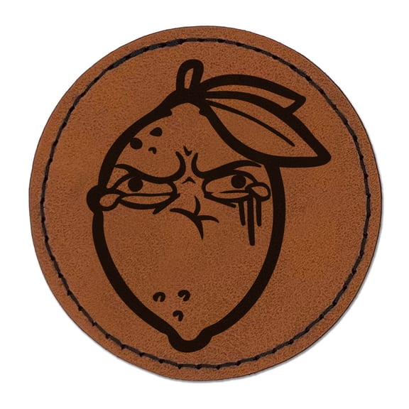 Sour Lemon Puckered Scrunched Face Round Iron-On Engraved Faux Leather Patch Applique - 2.5 Inch - Brown