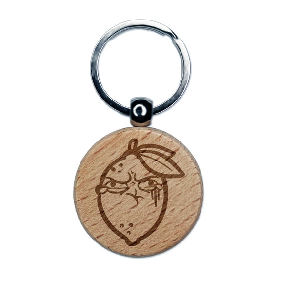 Sour Lemon Puckered Scrunched Face Round Keychain Charm Tag - Engraved Wood