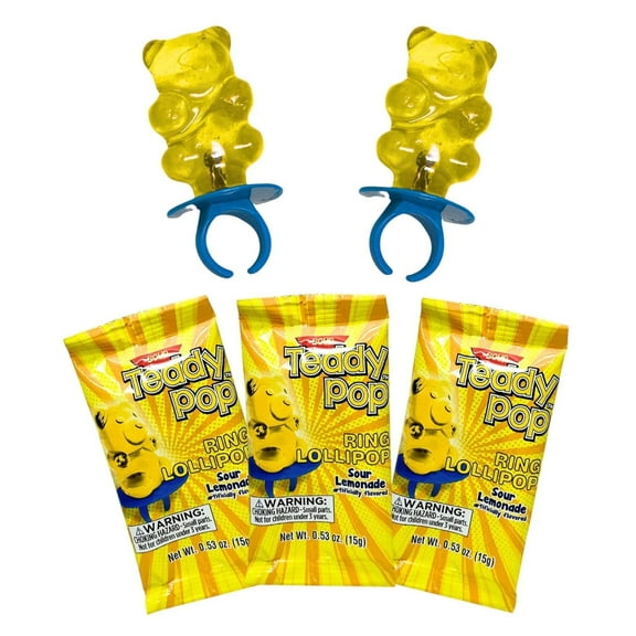Sour Lemonade Teddy Pop Ring Lollipops 40 Count Individually Wrapped Gluten Free Nut Free Wearable Candy Goody Bags Party Favors Holidays