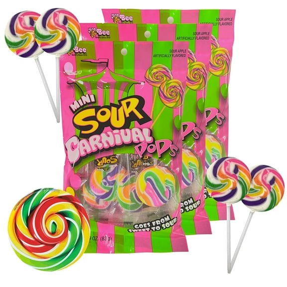 Sour Mini Carnival Pops, Birthday Party Candy, Pack of 3, 2.9 Ounces Per Bag