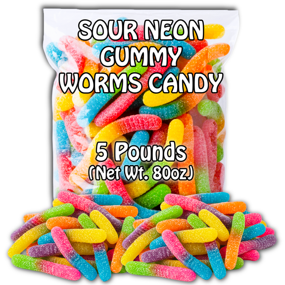 Sour Neon Gummy Worms Candy (5 Pound Bag) Multi-Flavored. Net Wt. 80oz.