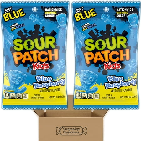 Sour Patch Kids Blue Raspberry Flavored Candy Bundle Pack - 2 Large Individual 8 oz Peg Bags of Blue Raspberry Sour Patch Kids for Lunch Boxes, Road Trips, Flights In Cornershop Confections Pack