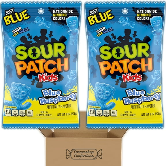 Sour Patch Kids Blue Raspberry Flavored Candy Bundle Pack - 2 Large Individual 8 oz Peg Bags of Blue Raspberry Sour Patch Kids for Lunch Boxes, Road Trips, Flights In Cornershop Confections Pack
