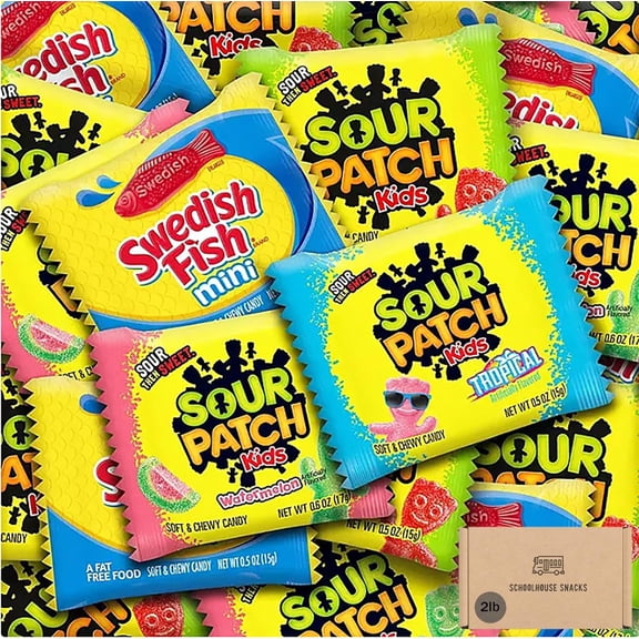 Sour Patch Kids Individually Wrapped 2LB Sour Candy bundle includes Watermelon Sour Patch Kids, Sour Patch Kids, Tropical Sour Patch kids, and Swedish Fish - Gummy Candy Package by Schoolhouse Snacks